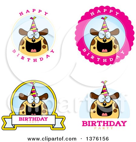Clipart of Badges of a Happy Birthday Dog Wearing a Party Hat - Royalty Free Vector Illustration by Cory Thoman