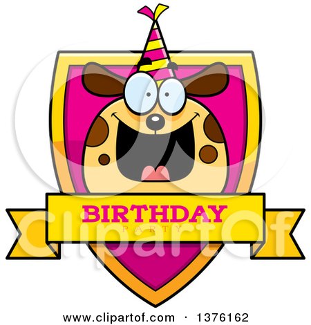 Clipart of a Happy Birthday Dog Wearing a Party Hat Shield - Royalty Free Vector Illustration by Cory Thoman