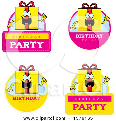 Clipart of Badges of a Birthday Gift Character - Royalty Free Vector Illustration by Cory Thoman