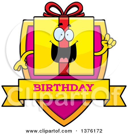 Clipart of a Birthday Gift Character Shield - Royalty Free Vector Illustration by Cory Thoman