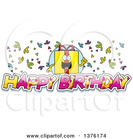 Clipart of a Birthday Gift Character with Confetti and Text - Royalty Free Vector Illustration by Cory Thoman