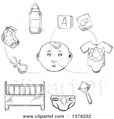 Clipart of a Black and White Sketched Baby, Сrib, Pacifier, Socks, Bottle of Milk, Rattle, Diaper and Letter Cubes - Royalty Free Vector Illustration by Vector Tradition SM