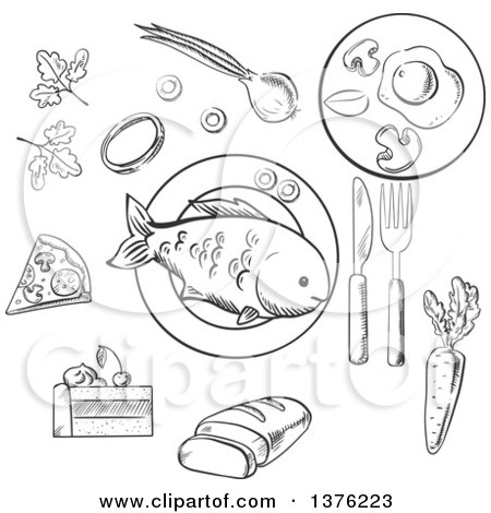 Clipart of a Black and White Sketched Cake, Vegetables, Fried Eggs, Pizza and Sliced Bread Surrounding a Central Plate of Fish - Royalty Free Vector Illustration by Vector Tradition SM