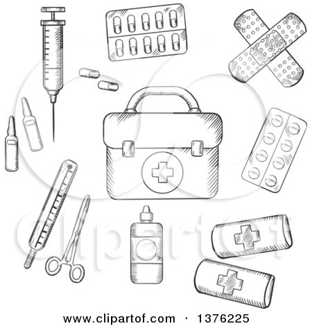 Clipart of a Black and White Sketched First Aid Kit, Plasters, Medication, Forceps, Syringe and Tablets - Royalty Free Vector Illustration by Vector Tradition SM