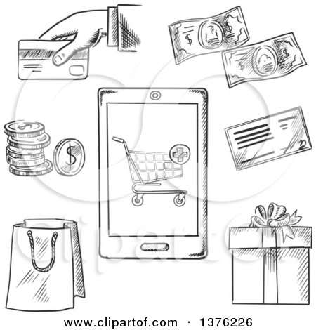Clipart of Black and White Sketched Payment Options with a Central Smartphone Displaying a Shopping Cart Surrounded by Icons for a Bag, Bank Check, Credit Card, Banknotes, Coins and Gift - Royalty Free Vector Illustration by Vector Tradition SM