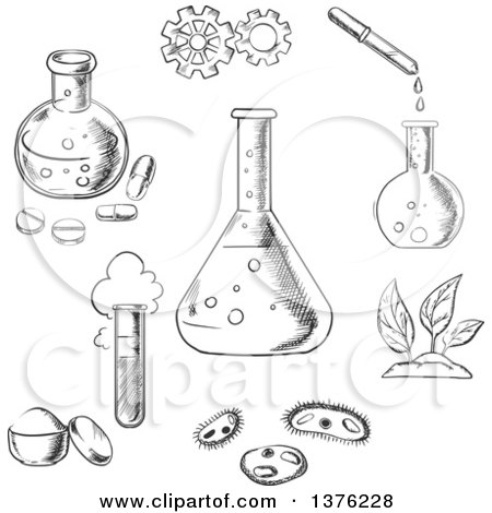 Clipart of Black and White Sketched Experiment and Scientific Items - Royalty Free Vector Illustration by Vector Tradition SM