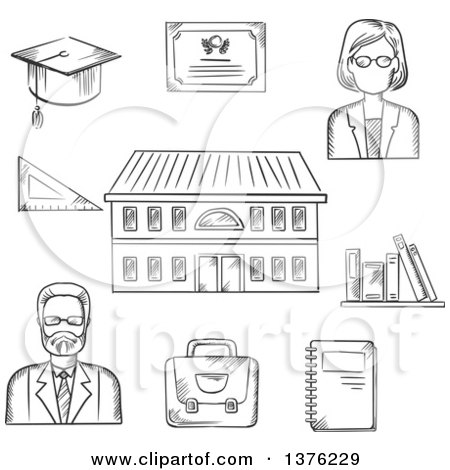 Clipart of Black and White Sketched Male and Female Teachers, Books, Briefcase, Graduation Hat, Tablet, Notebook and School Building - Royalty Free Vector Illustration by Vector Tradition SM