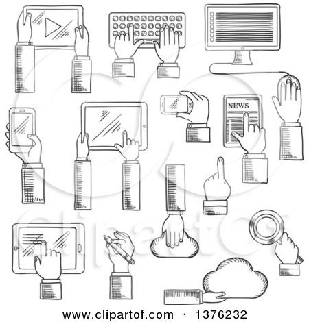 Clipart of Black and White Sketched Human Hands Working on Tablets, Desktop Computer, Keyboard, Smartphones, Digital Pen, Cloud Data Storage and Search Application - Royalty Free Vector Illustration by Vector Tradition SM