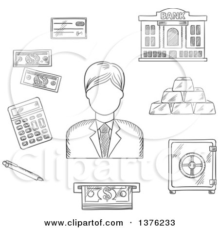 Clipart of a Black and White Sketched Banker Among Dollar Bills, Stacked Gold Bars, Bank Cheque, Bank Building, Calculator, Pen, ATM and Safe - Royalty Free Vector Illustration by Vector Tradition SM