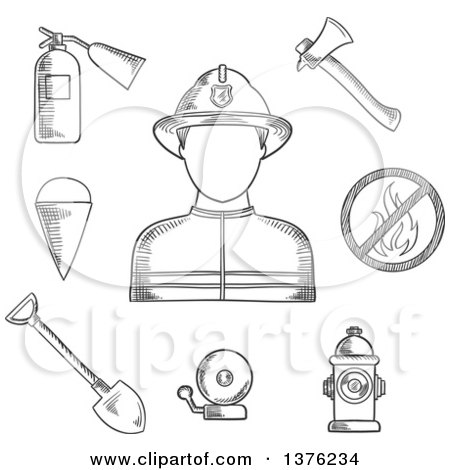 Clipart of a Black and White Sketched Fireman Flanked by Fire Axe, Bucket and Shovel, Extinguisher, Fire Alarm, Hydrant and Prohibition Sign - Royalty Free Vector Illustration by Vector Tradition SM