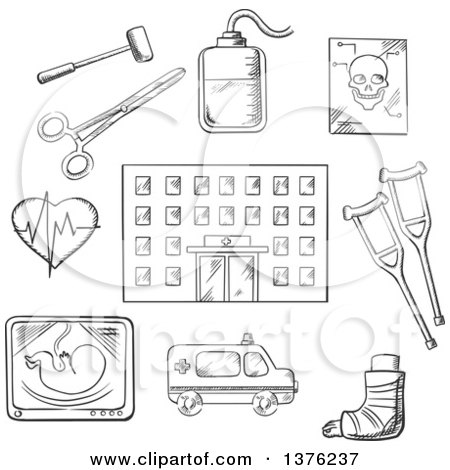 Clipart of a Black and White Sketched Hospital Building Surrounded by Ambulance, X-ray, Surgical Tools, Cardiograph, Blood Transfusion, Skull, Crutches and Plaster Cast - Royalty Free Vector Illustration by Vector Tradition SM