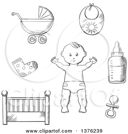 Clipart of a Black and White Sketched Baby in a Nappy Encircled by a Cot, Crib, Pushchair, Booties, Bib, Bottle, and Dummy - Royalty Free Vector Illustration by Vector Tradition SM