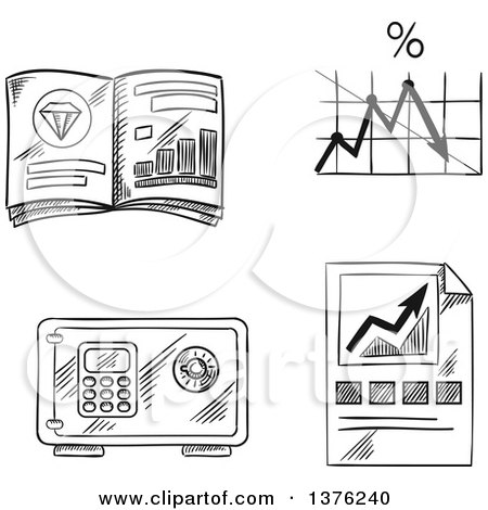 Clipart of a Black and White Sketched Financial Bar Graph, Line Chart of Bank Interest Rate, Precious Metals Market Trends and Safe - Royalty Free Vector Illustration by Vector Tradition SM