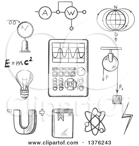 Clipart of a Black and White Sketched Magnet, Electric Power, Atom Model, Earth Magnetic Field, Book, Formulas, Schemes and Tools - Royalty Free Vector Illustration by Vector Tradition SM