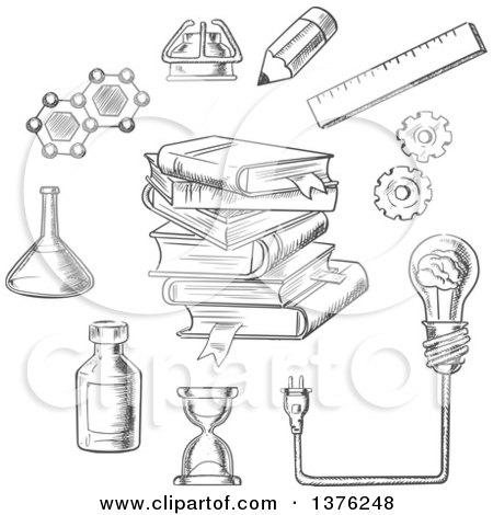Clipart of a Grayscale Sketched Light Bulb Plugged into a Tall Stack of Books Surrounded by Flasks, DNA, Hourglass, Gears, Ruler, Atom and Pencil - Royalty Free Vector Illustration by Vector Tradition SM
