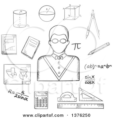 Clipart of a Grayscale Sketched Male Teacher in Glasses, Formulas, Calculator, Rulers, Compasses, Pencil, Textbooks, Drawing and Geometric Figures - Royalty Free Vector Illustration by Vector Tradition SM