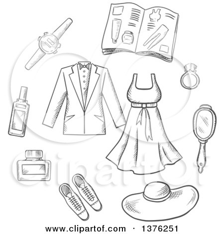 Clipart of Grayscale Sketched Male and Female Clothing, Accessories, Shoes, Hat, Jewelery, Catalogue and Mirror - Royalty Free Vector Illustration by Vector Tradition SM