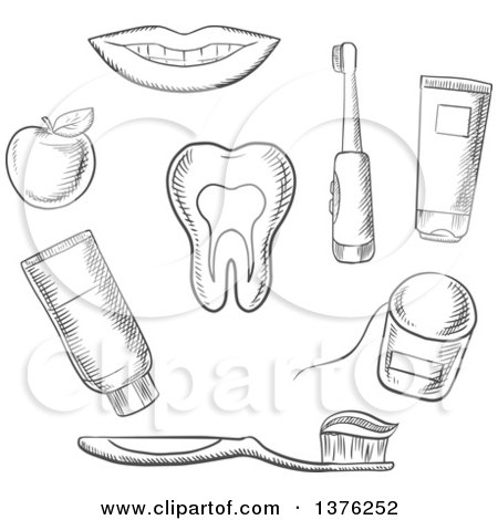 Clipart of a Grayscale Sketched Tooth Surrounded by Toothbrush, Toothy Smile, Apple, Toothpaste and Floss - Royalty Free Vector Illustration by Vector Tradition SM
