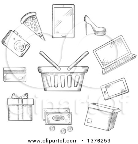 Clipart of a Grayscale Sketched Shopping Basket Rounded for a Mobile Phone, Tablet and Laptop, Cash, Bank Card, Gift, Cardboard Carton with a Shoe, Fashion, Camera, Electronics and Fast Food Pizza - Royalty Free Vector Illustration by Vector Tradition SM