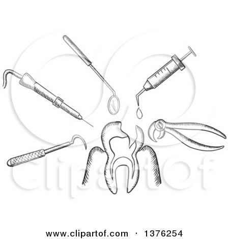 Clipart of a Black and White Sketched Tooth Being Targeted by Dental Tools, Drill, Mirror, an Injection and Pliers - Royalty Free Vector Illustration by Vector Tradition SM