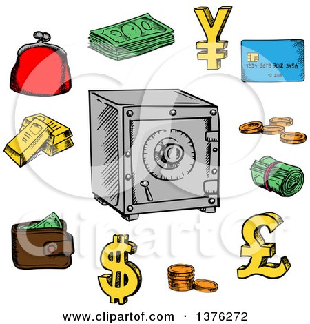 Clipart of Sketched Dollar Bills and Coins, Bank Credit Card, Stack of Gold Bars, Yen, Dollar and Pound Currency Golden Symbols, Wallet, Purse and Safe - Royalty Free Vector Illustration by Vector Tradition SM
