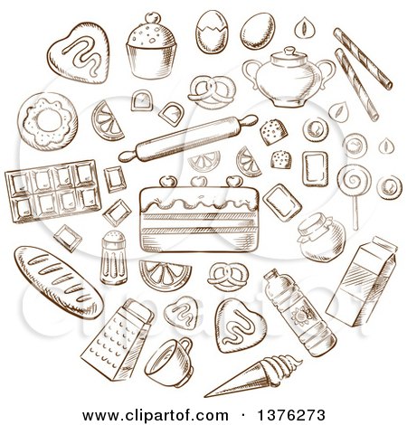 Clipart of Brown Sketched Breads, Cakes, Baking Ingredients and Kitchen Utensils - Royalty Free Vector Illustration by Vector Tradition SM