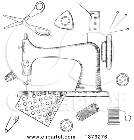 Clipart of a Black and White Sketched Sewing Machine with Pin, Thread, Yarn, Thimble, Button and Cloth - Royalty Free Vector Illustration by Vector Tradition SM