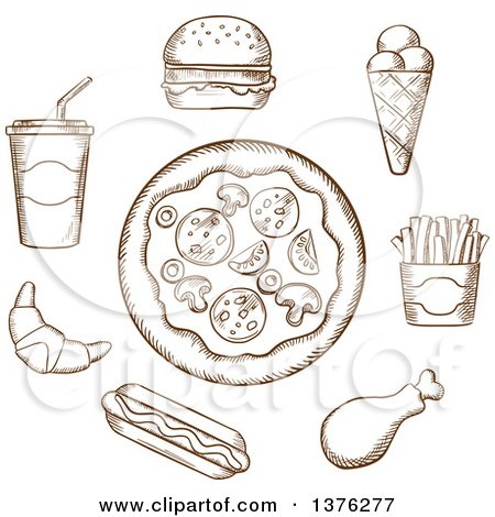 Clipart of a Brown Sketched Pizza, Burger, Soda, French Fries, Ice Cream Cone, Hot Dog, Croissant and Chicken Drumstick - Royalty Free Vector Illustration by Vector Tradition SM