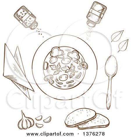 Clipart of a Brown Sketched Bowl of Soup Surrounded by White Bread, Herbs, Seasoning Condiments, Napkin and Spoon - Royalty Free Vector Illustration by Vector Tradition SM