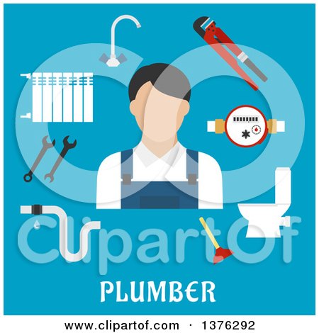 Clipart of a Radiator of Heating System, Water Faucet and Water Meter, Toilet, Adjustable Wrench, Pipes System with Leak, Spanners, Plunger and Plumber Man on Blue - Royalty Free Vector Illustration by Vector Tradition SM
