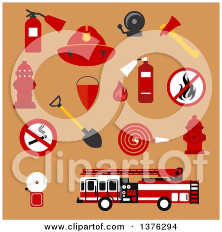 Clipart of Flat Fire Department Designs on Tan - Royalty Free Vector Illustration by Vector Tradition SM