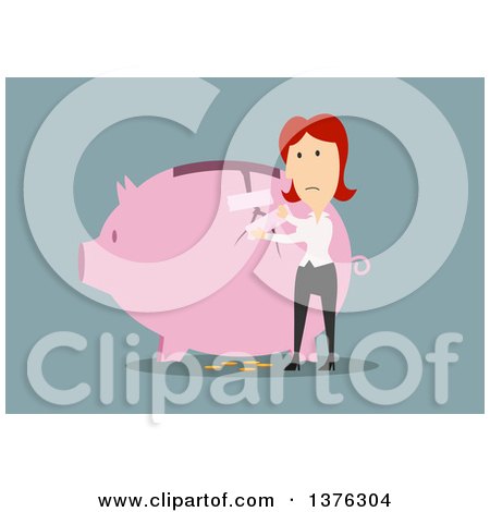 Clipart of a Flat Design White Business Woman Taping up a Broken Piggy Bank, on Blue - Royalty Free Vector Illustration by Vector Tradition SM