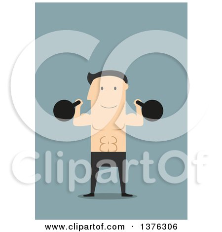 Clipart of a Flat Design White Man Working out with Kettlebells, on Blue - Royalty Free Vector Illustration by Vector Tradition SM