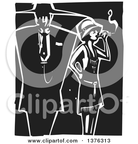Clipart of a Black and White Woodcut Flapper Girl Smoking a Cigarette by a Man in a Zoot Suit - Royalty Free Vector Illustration by xunantunich
