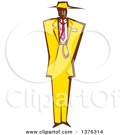 Clipart of a Woodcut Black Man in a Yellow Zoot Suit - Royalty Free Vector Illustration by xunantunich