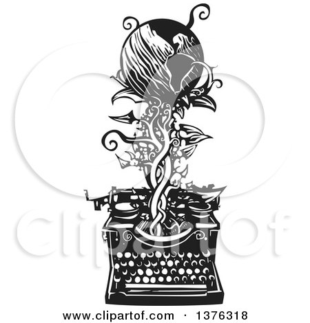 Clipart of a Black and White Woodcut Typewriter with a Vine and Earth Emerging from It - Royalty Free Vector Illustration by xunantunich
