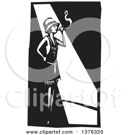 Clipart of a Black and White Woodcut Flapper Girl Smoking a Cigarette in a Spot Light - Royalty Free Vector Illustration by xunantunich