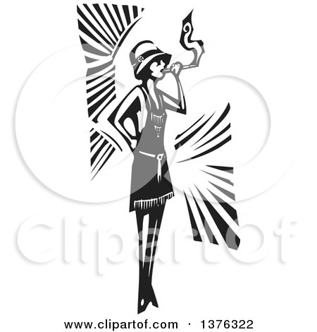 Clipart of a Black and White Woodcut Flapper Girl Smoking a Cigarette - Royalty Free Vector Illustration by xunantunich
