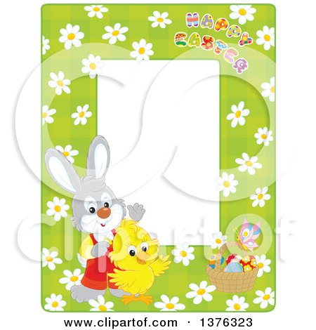 Clipart of a Vertical Border of Happy Easter Text, a Rabbit, Chick and Basket of Eggs over Daisies on Green - Royalty Free Vector Illustration by Alex Bannykh