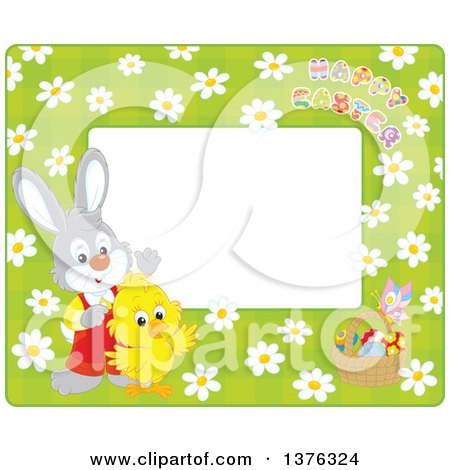 Clipart of a Horizontal Border of Happy Easter Text, a Rabbit, Chick and Basket of Eggs over Daisies on Green - Royalty Free Vector Illustration by Alex Bannykh