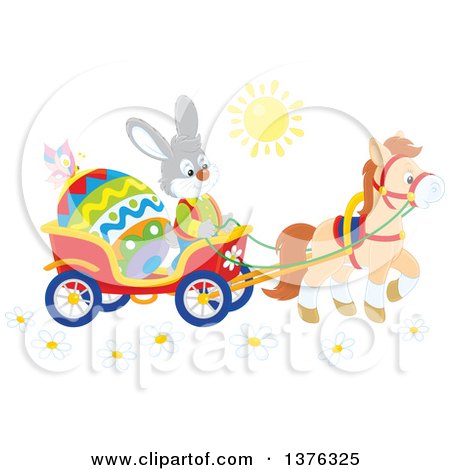 Clipart of a Bunny Rabbit Transporting an Easter Egg in a Horse Drawn Cart on a Sunny Day - Royalty Free Vector Illustration by Alex Bannykh