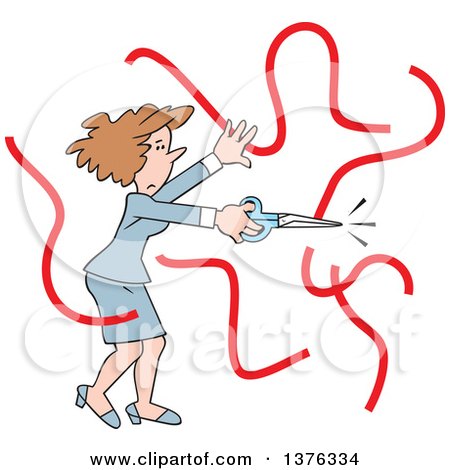 Cartoon Clipart of a Stressed Brunette Caucasian Business Woman Cutting Red Tape - Royalty Free Vector Illustration by Johnny Sajem