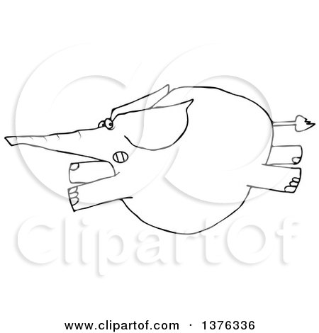 Clipart of a Cartoon Black and White Elephant Leaping and Running Scared - Royalty Free Vector Illustration by djart