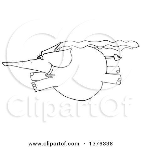 Clipart of a Cartoon Black and White Elephant Super Hero Flying - Royalty Free Vector Illustration by djart