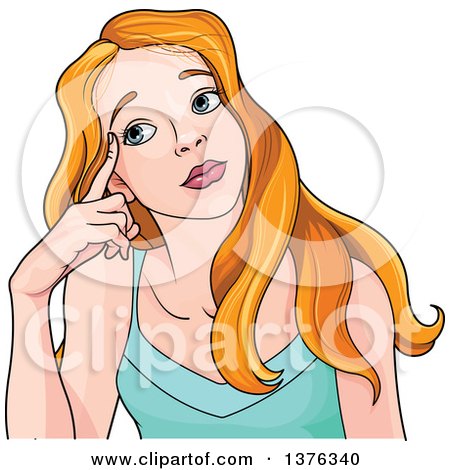 Clipart of a Red Haired White Teenage Girl Resting Her Temple on Her Finger and Thinking - Royalty Free Vector Illustration by Pushkin