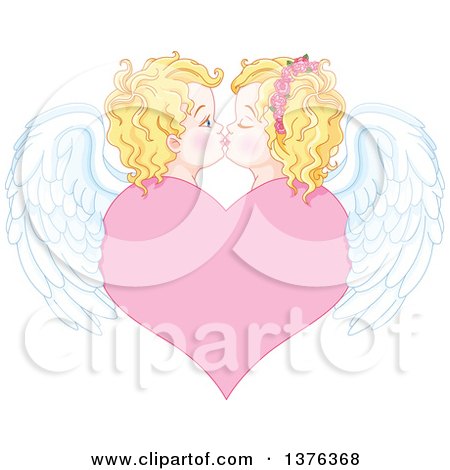 Clipart of a Cute Blond Haired Blue Eyed Caucasian Valentines Day Cupid Couple Kissing, with Wings, over a Heart - Royalty Free Vector Illustration by Pushkin
