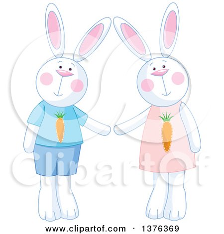 Clipart of a Cute White Bunny Rabbit Couple Wearing Carrot Clothes - Royalty Free Vector Illustration by Pushkin