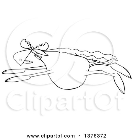 Clipart of a Cartoon Black and White Super Hero Moose Flying with a Cape - Royalty Free Vector Illustration by djart