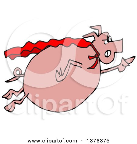 Clipart of a Cartoon Chubby Pig Super Hero Flying - Royalty Free Vector Illustration by djart