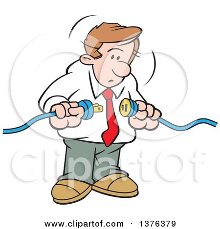 Clipart of a Cartoon Dirty Blond White Business Man Intent on Connecting Cables - Royalty Free Vector Illustration by Johnny Sajem